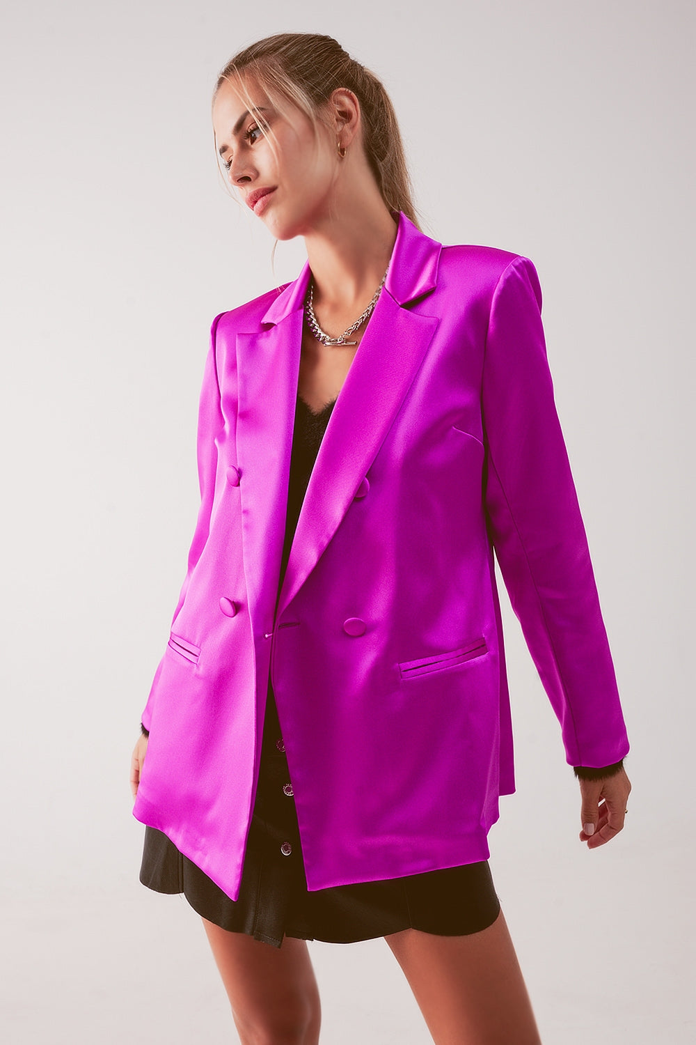 Satin Double Breasted Suit Blazer In Fuchsia Q-2