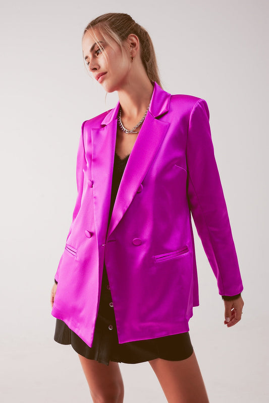 Satin Double Breasted Suit Blazer In Fuchsia Q-2