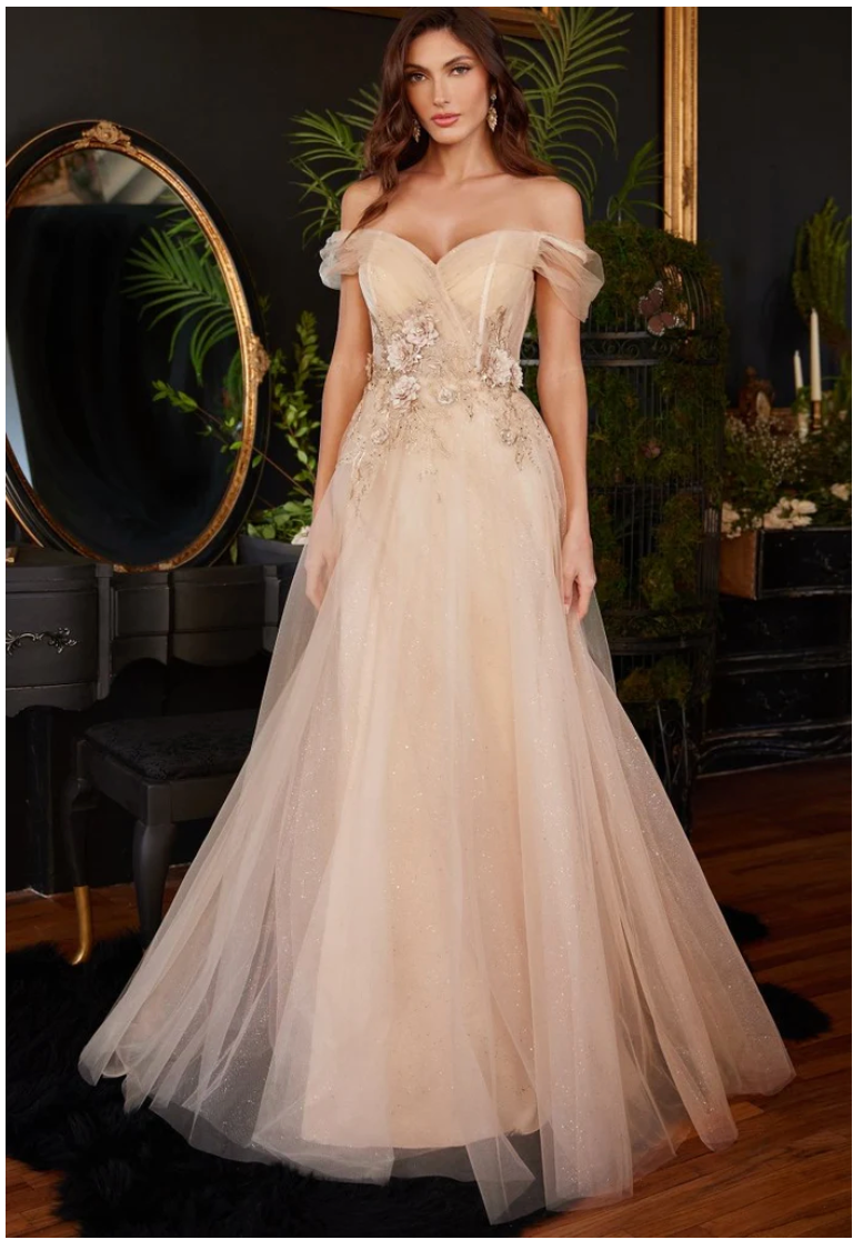 Ladivine Off The Shoulder Champagne Tulle A-line Dress CD3395