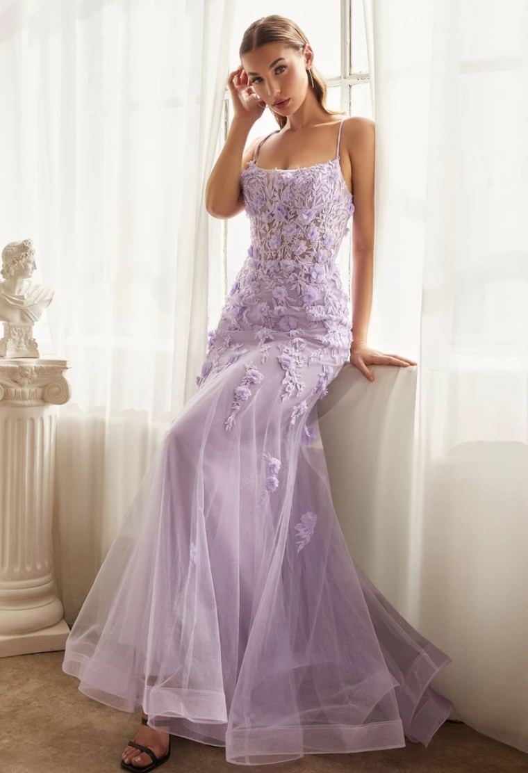 Ladivine Fitted Lavender Floral Applique Tulle Gown CD995