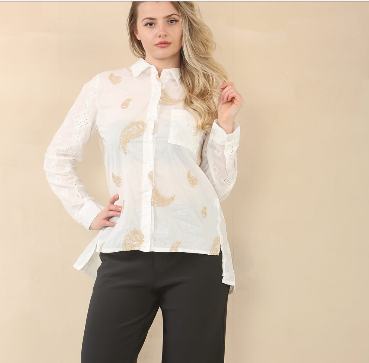 Kurt Muller Paisley Embroidered Anglais Cotton Shirt