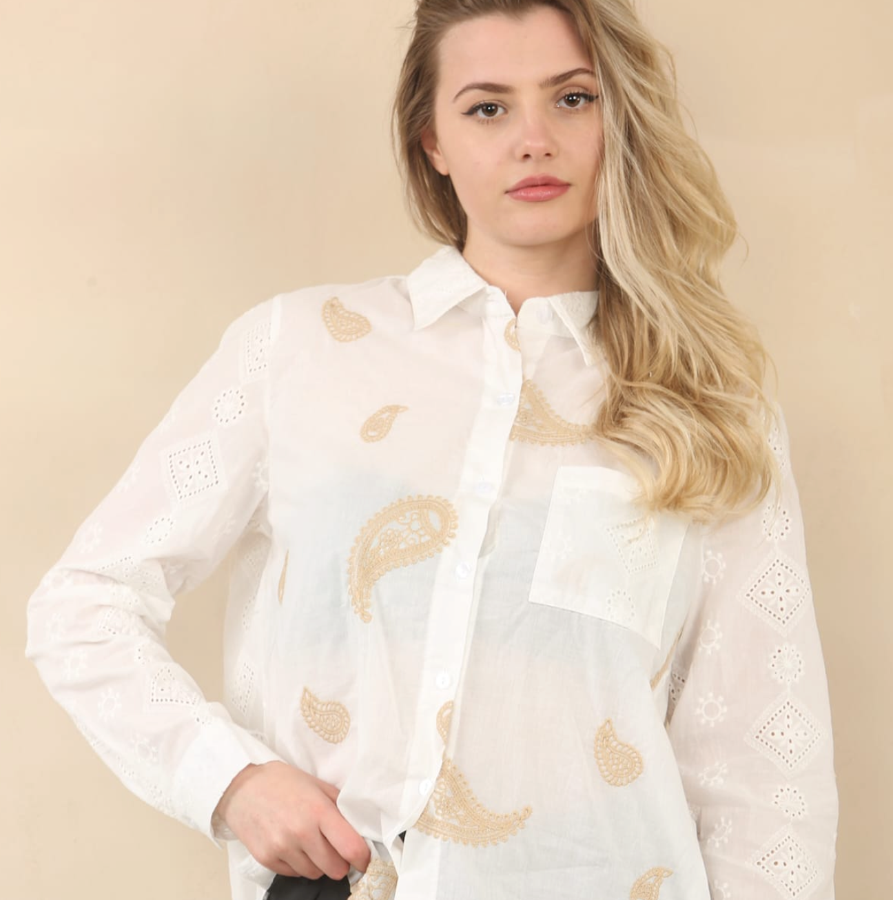 Kurt Muller Paisley Embroidered Anglais Cotton Shirt