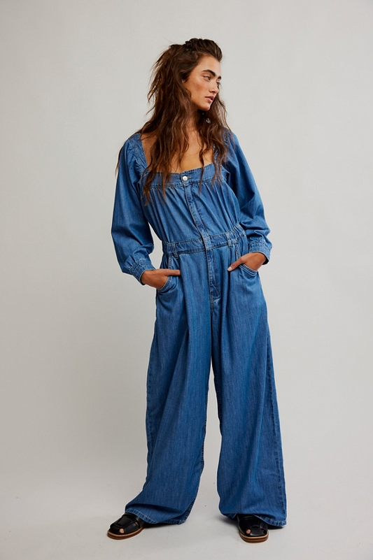 Free People  CLARA DENIM JUMPSUIT / GOING STEADY OB2123223