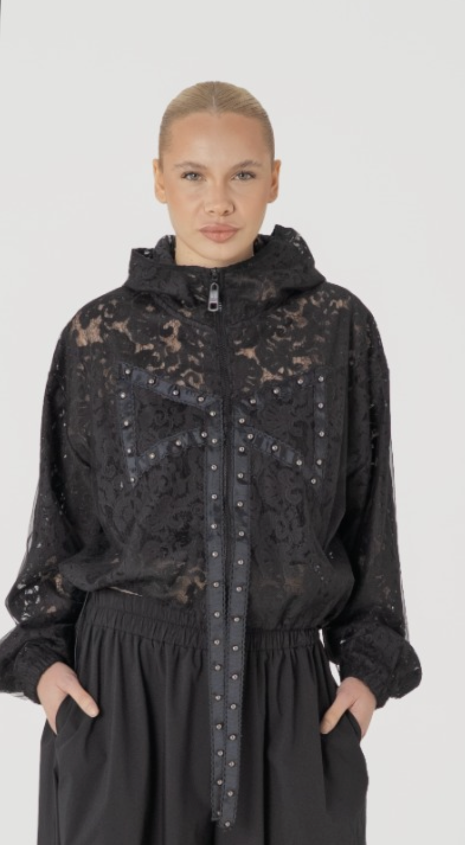 H-4 Lace Studded Hooded Blouse