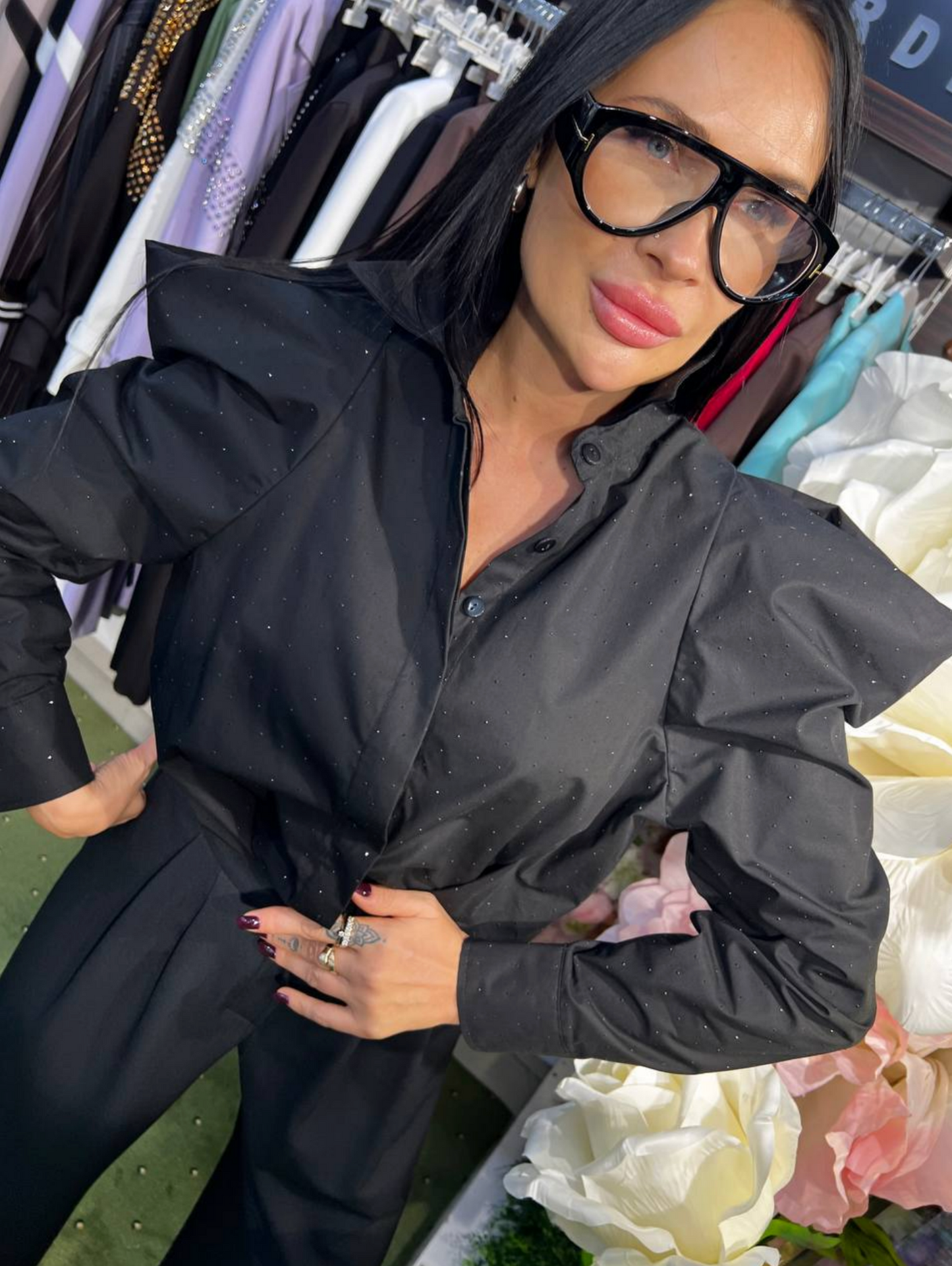 Zanardi Fashion Structured Shoulder Blouse with Micro Crystal Detailing