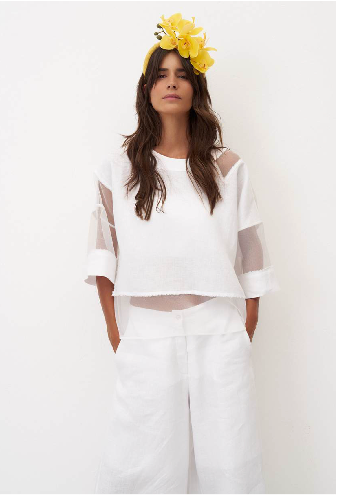 Bize Sheer Panel Cropped Blouse
