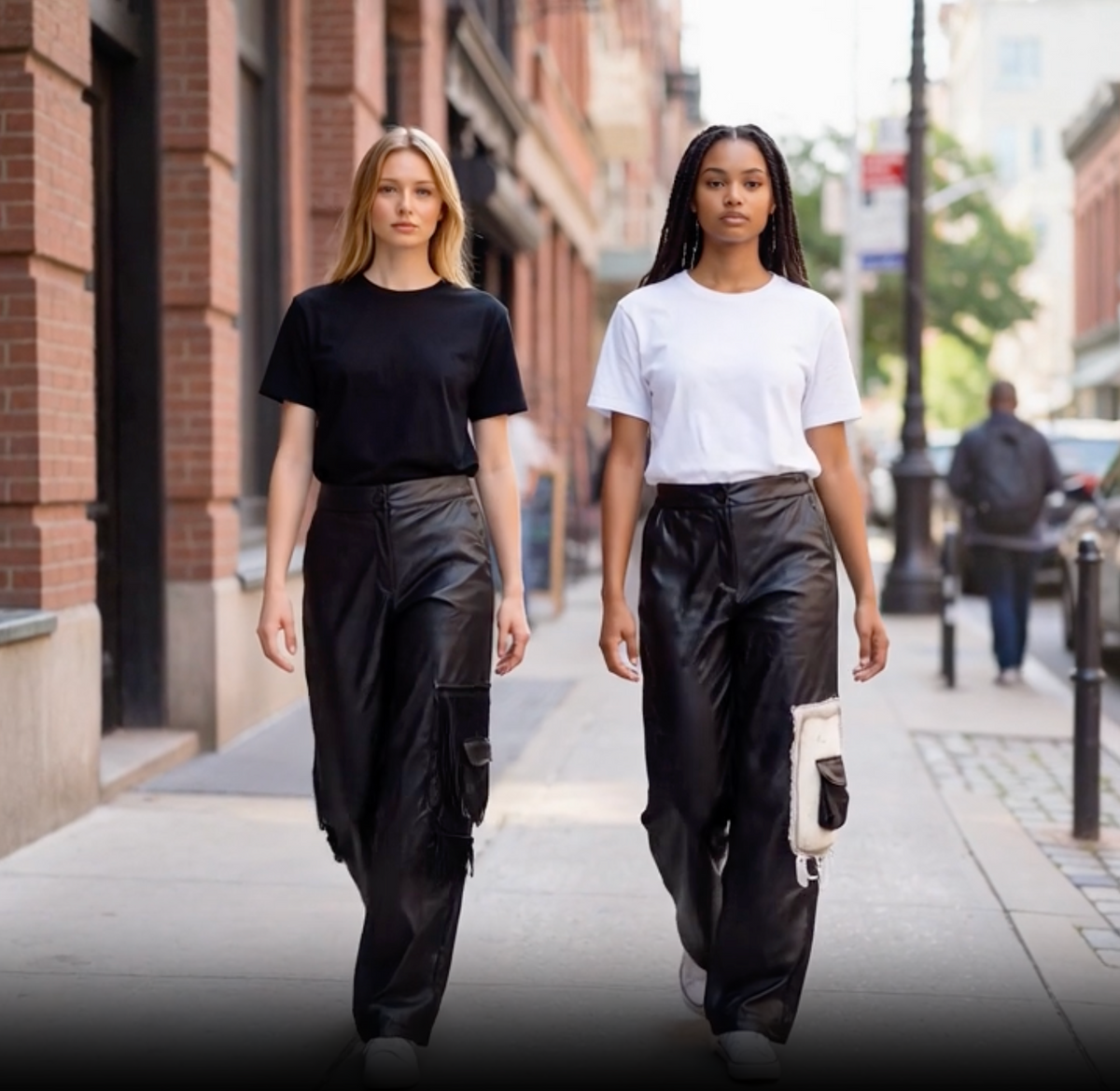 Black Faux Leather Wide-Leg Cargo Pants with Mixed-Media Patch Pockets - Above the Crowd Boutique
