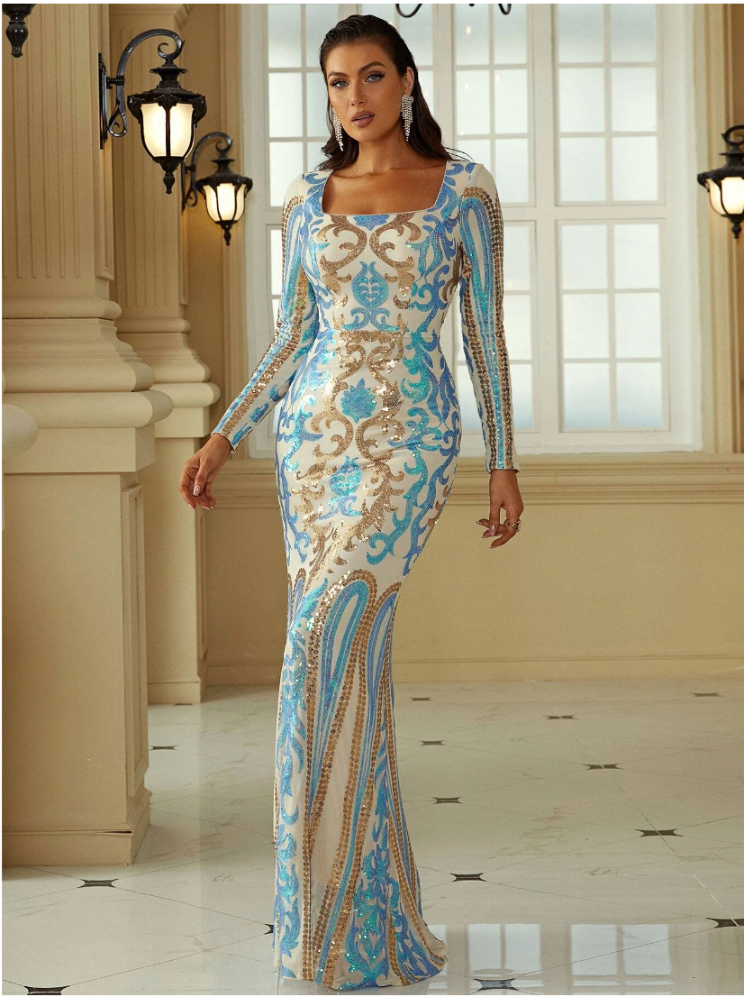 Sequin Baroque Mermaid Hem Formal Dress