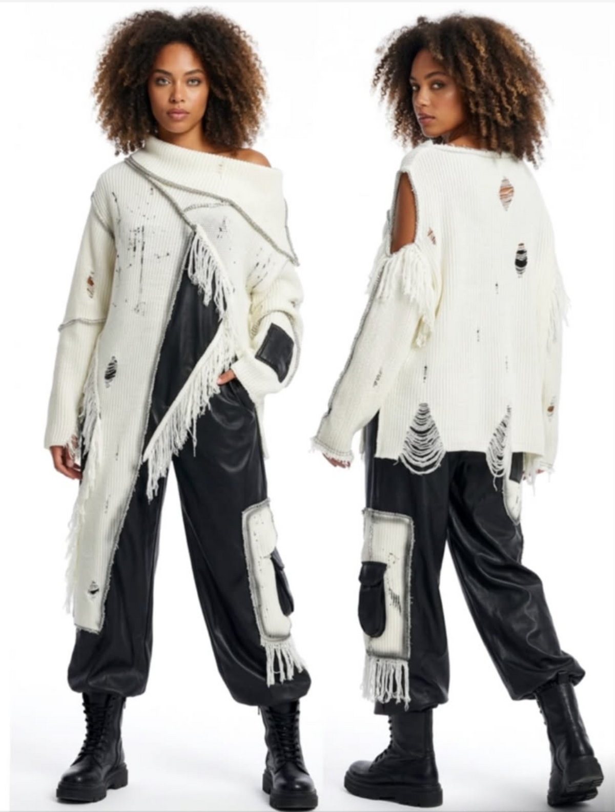 Black Faux Leather Wide-Leg Cargo Pants with Mixed-Media Patch Pockets - Above the Crowd Boutique