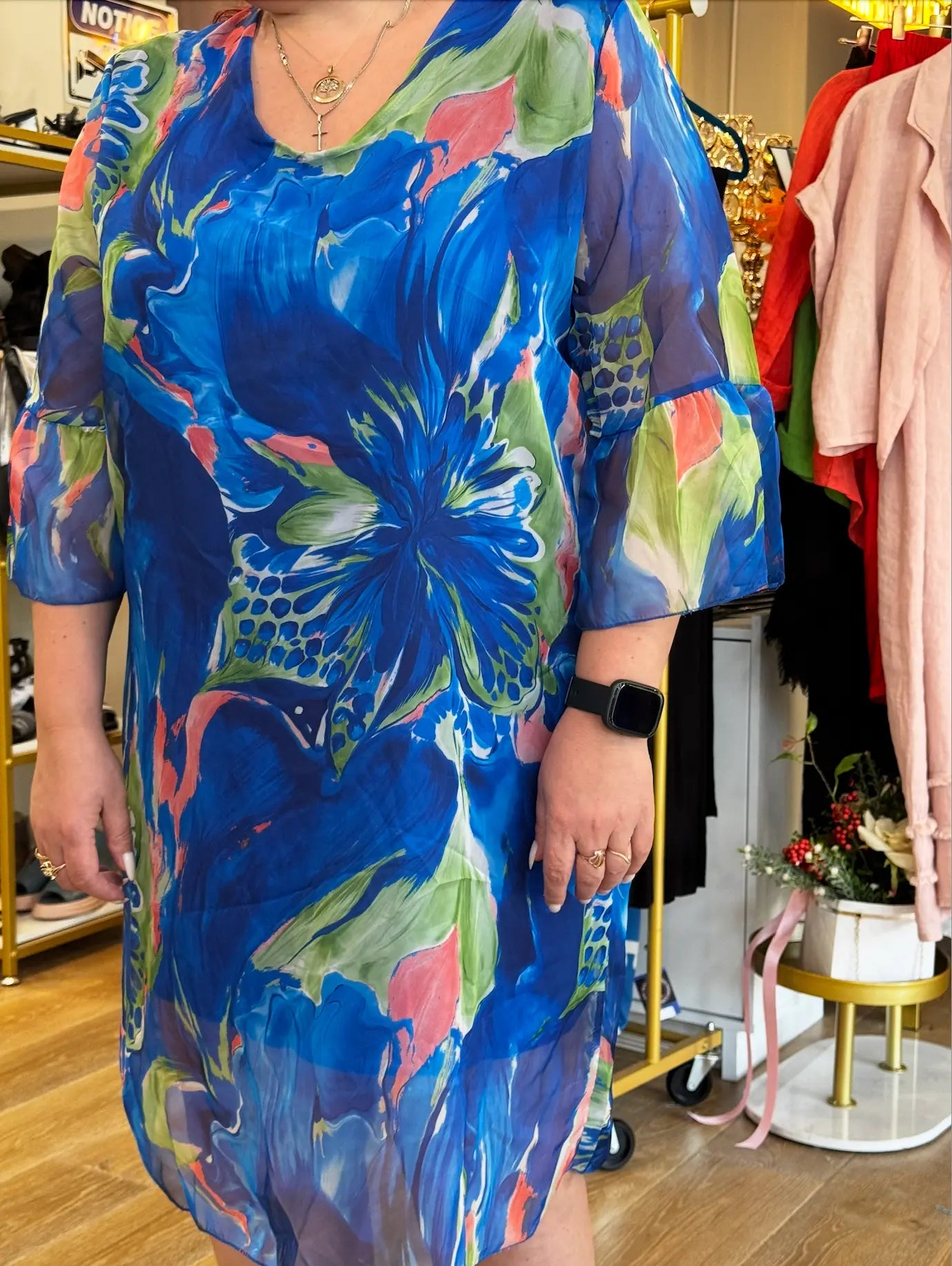 Silk Floral Kaftan Dress - European Style, Vibrant Print, Comfortable Fit Karma