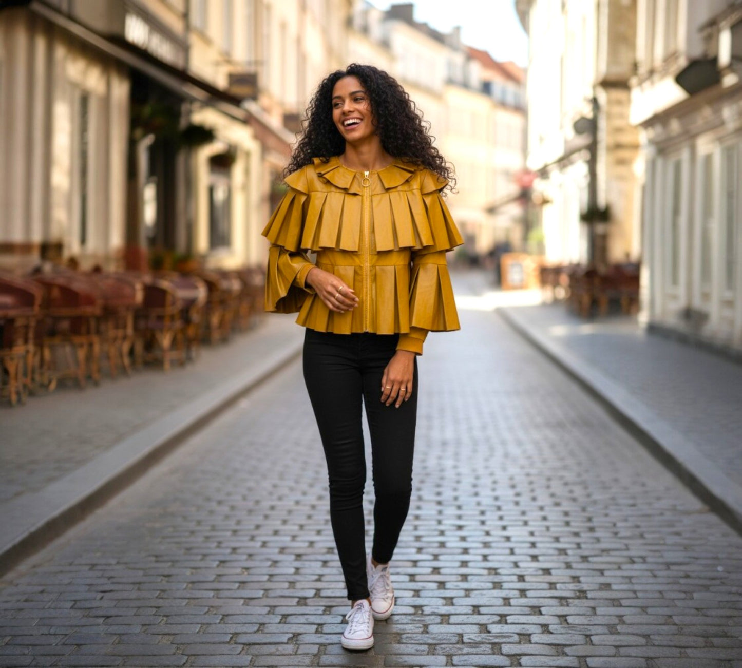 Statement Pleated Faux Leather Jacket – Mustard Gold - Above the Crowd Boutique