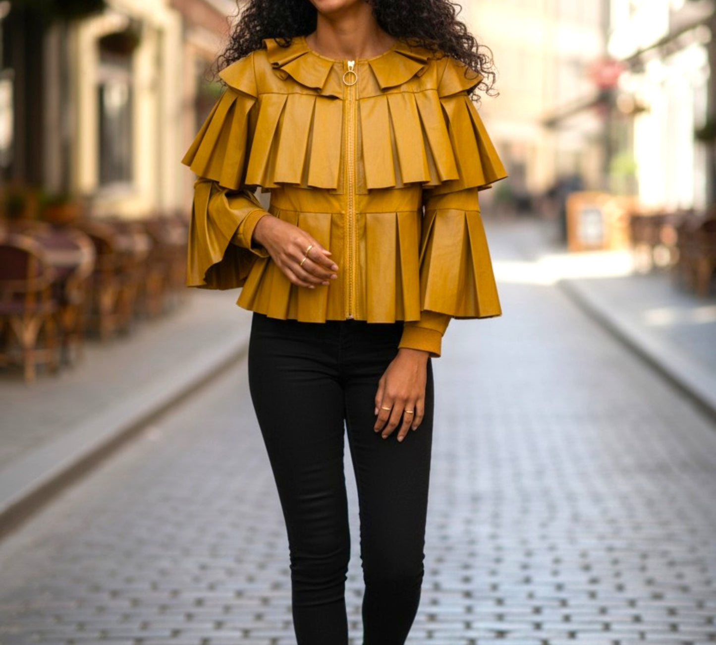 Statement Pleated Faux Leather Jacket – Mustard Gold - Above the Crowd Boutique
