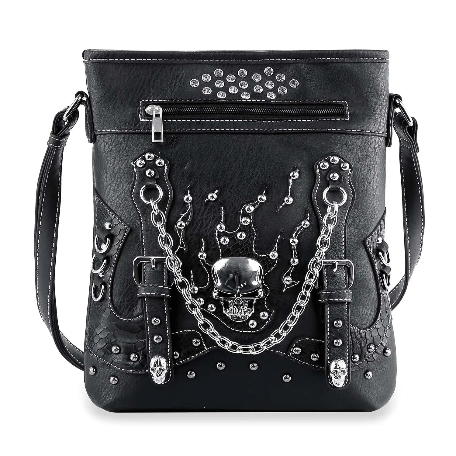 Stud and Chain Accented Skull Crossbody Sling 2003 Handbag Express
