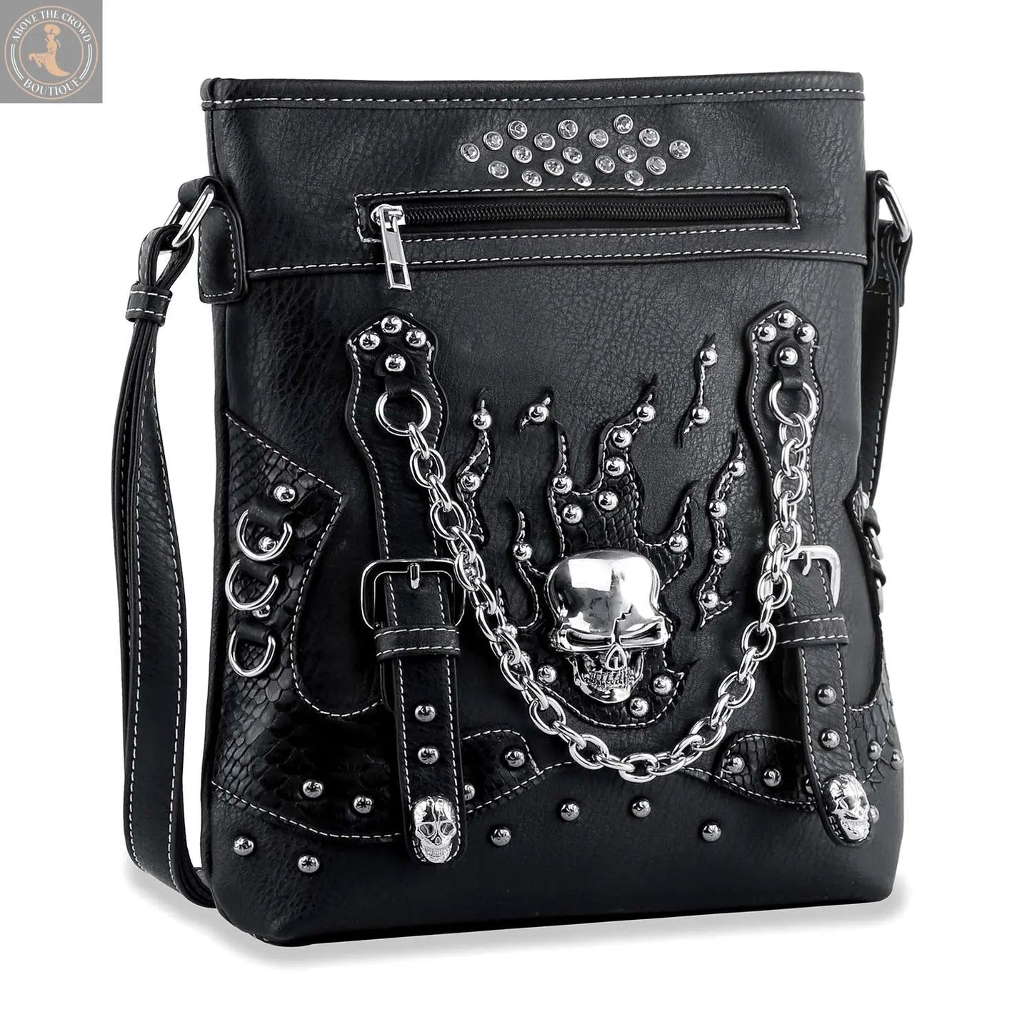 Stud and Chain Accented Skull Crossbody Sling 2003 Handbag Express