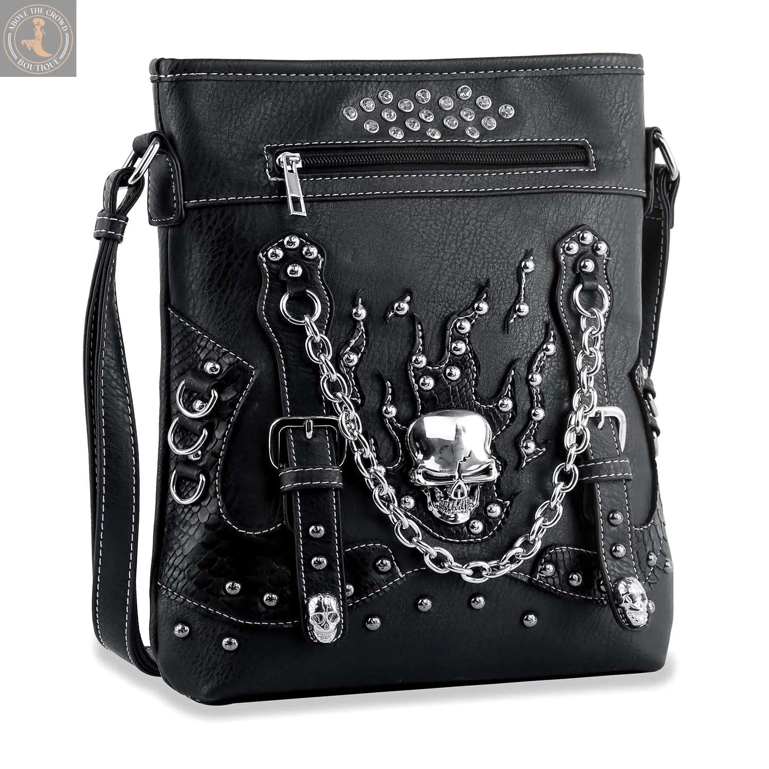 Stud and Chain Accented Skull Crossbody Sling 2003 Handbag Express