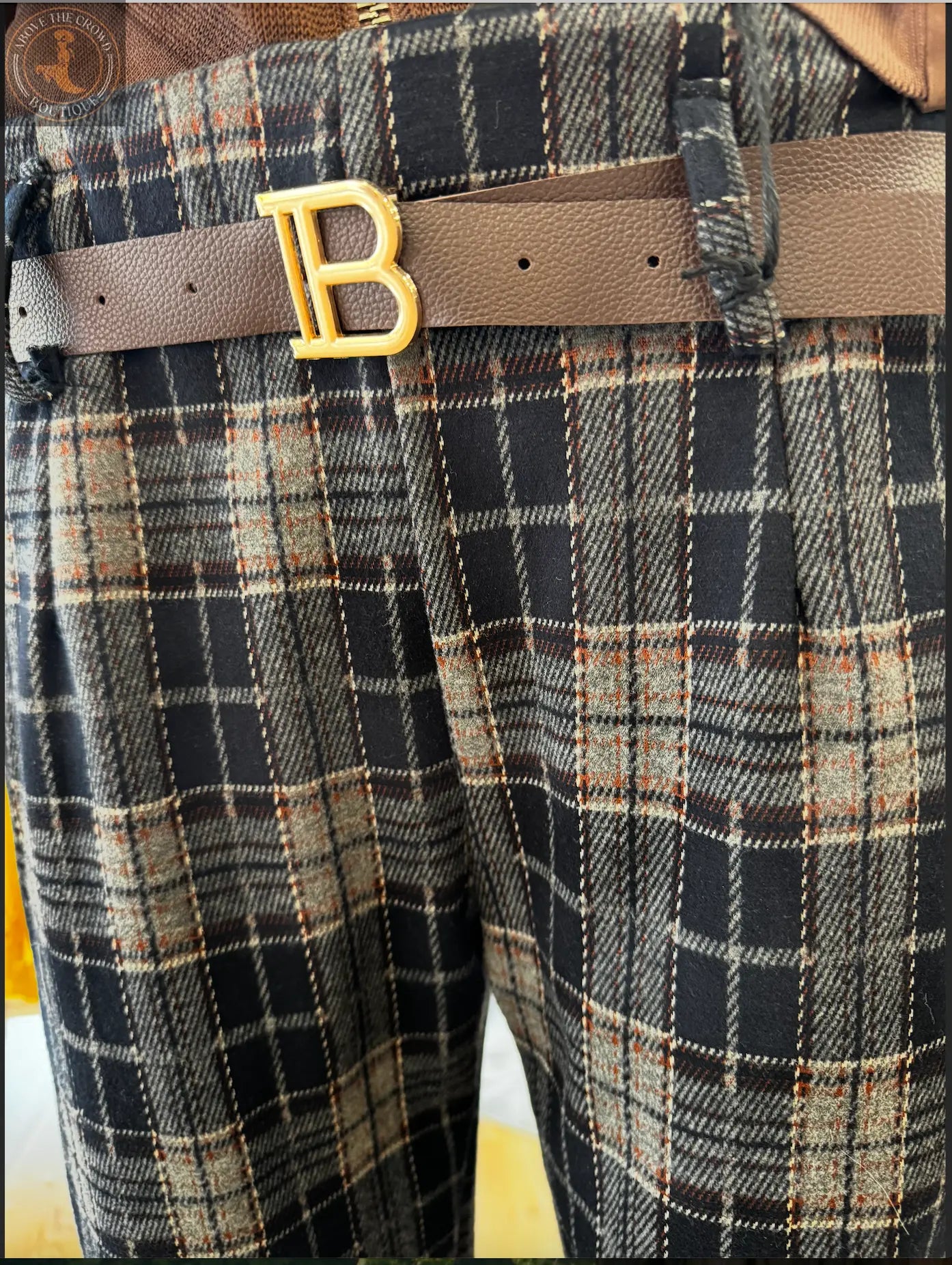 Tailored Plaid Trousers – High-Waisted Fit, European-Style with Belt Karma