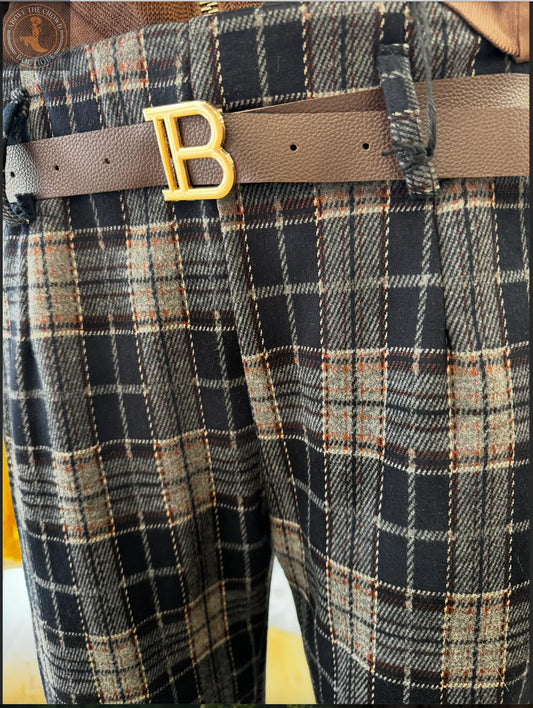 Tailored Plaid Trousers – High-Waisted Fit, European-Style with Belt Karma