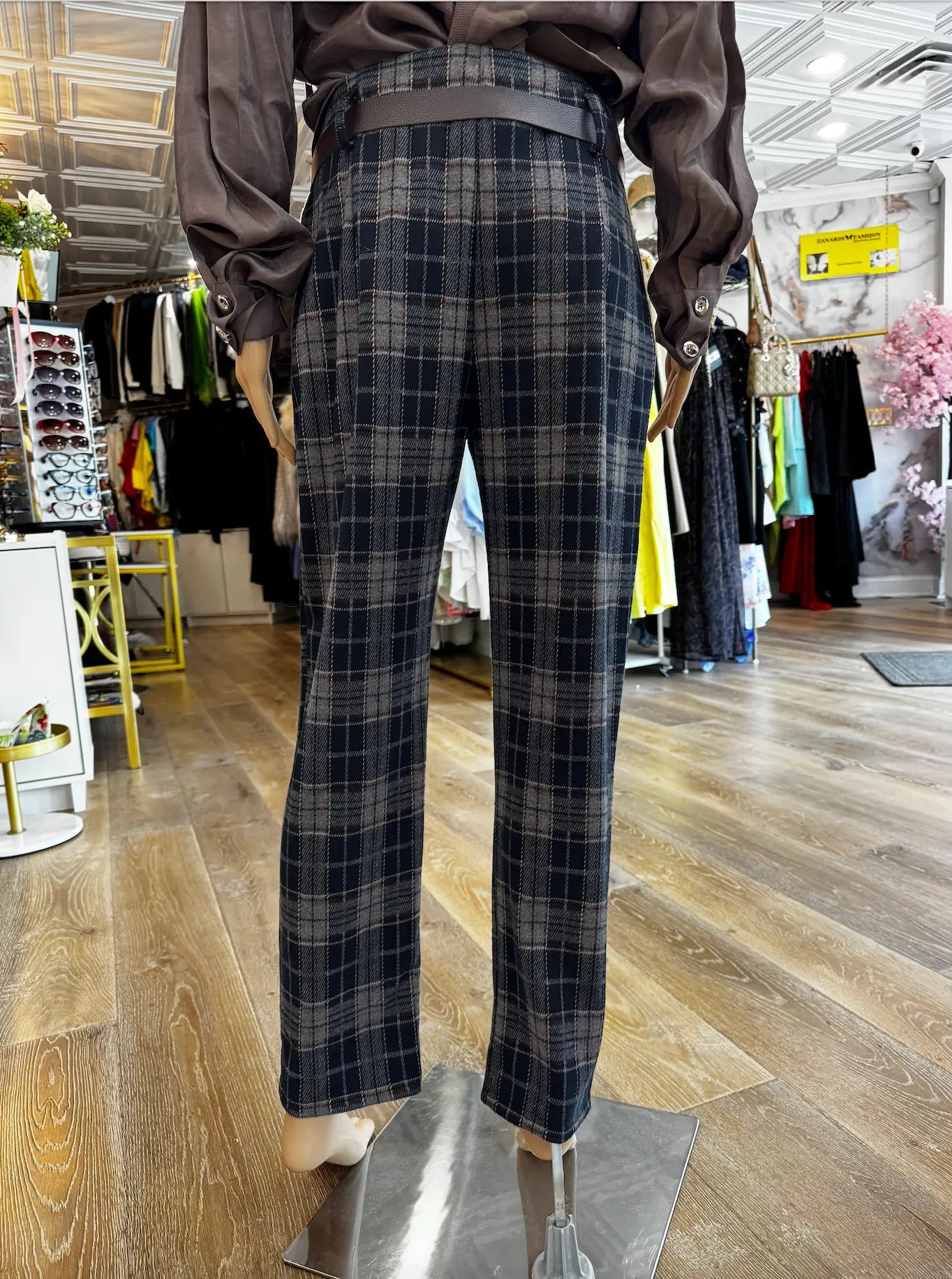 Tailored Plaid Trousers – High-Waisted Fit, European-Style with Belt Karma