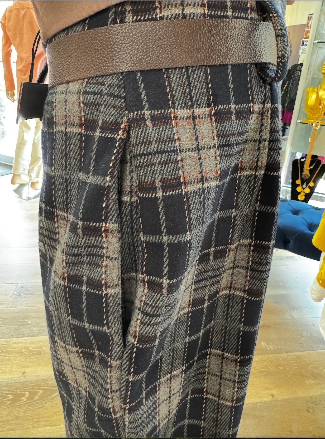 Tailored Plaid Trousers – High-Waisted Fit, European-Style with Belt Karma