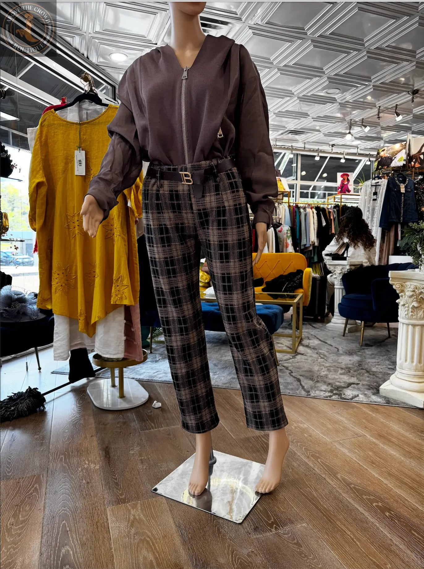 Tailored Plaid Trousers – High-Waisted Fit, European-Style with Belt Karma