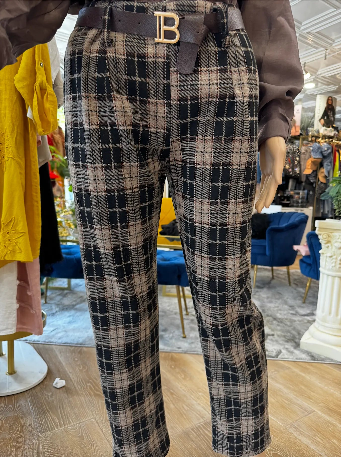 Tailored Plaid Trousers – High-Waisted Fit, European-Style with Belt Karma