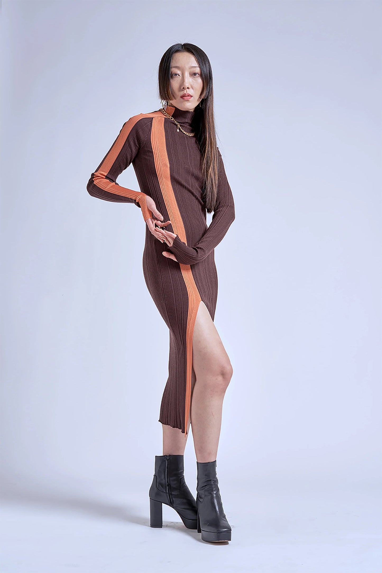 Tesei Virgin Wool Ribbed Dress - Dark Brown Italian Style Tesei