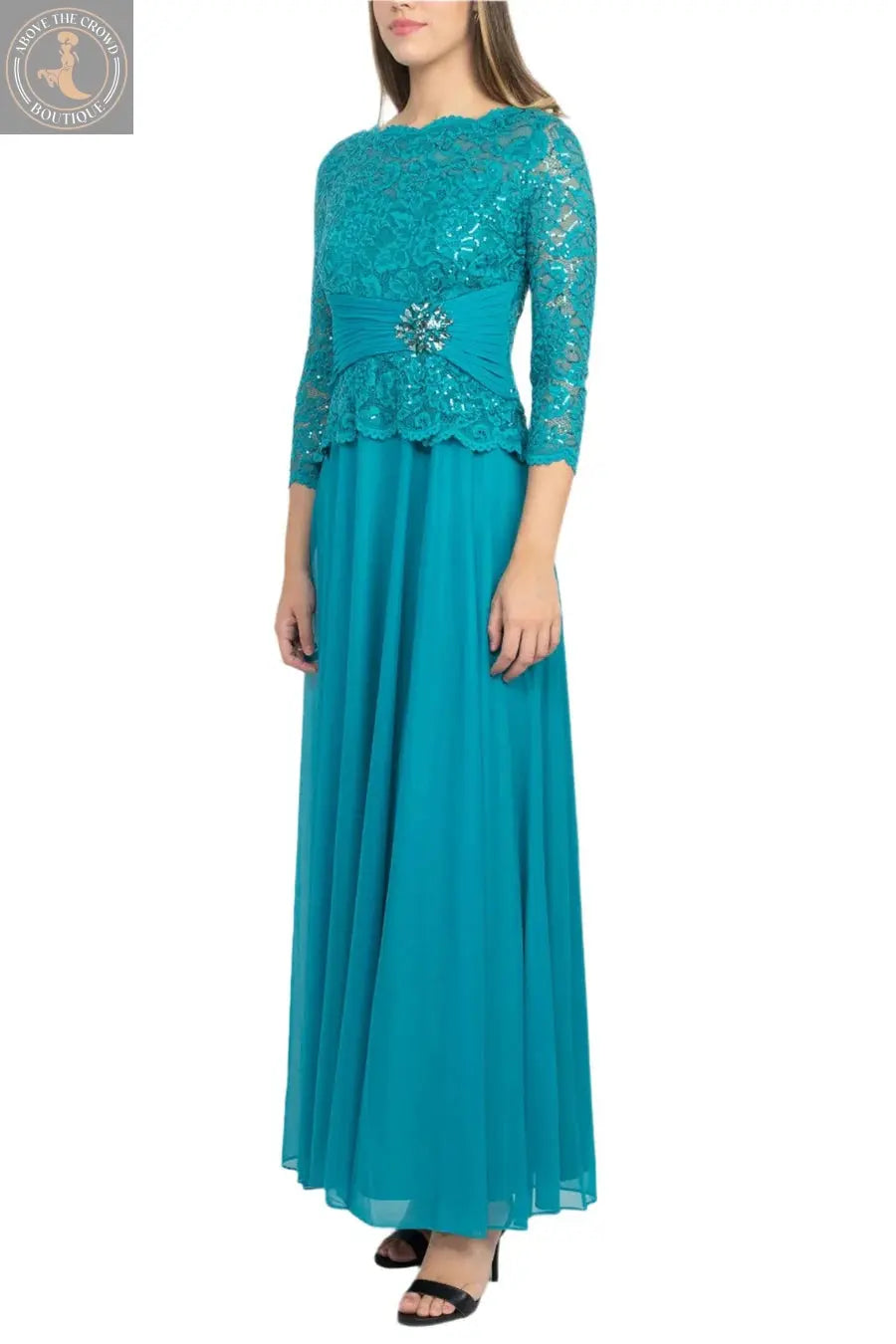 Turquoise Sequin Lace Gown - Elegant Evening Dress for Women | Above The Crowd Boutique Above The Crowd Boutique