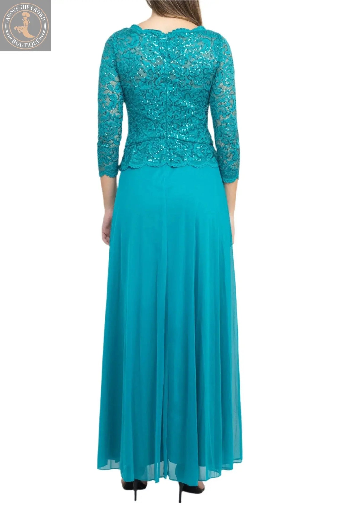 Turquoise Sequin Lace Gown - Elegant Evening Dress for Women | Above The Crowd Boutique Above The Crowd Boutique