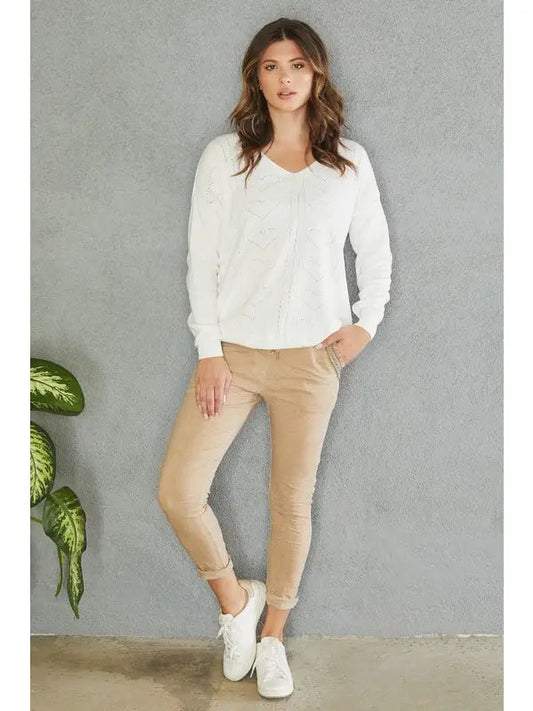 Venti6 White Pointelle Hearts V-Neck Sweater - Italian Made Long Sleeve Venti6