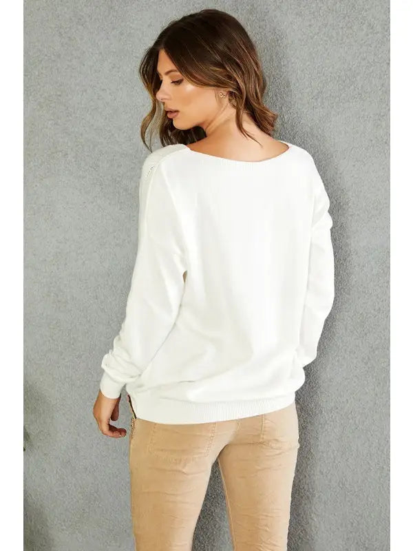 Venti6 White Pointelle Hearts V-Neck Sweater - Italian Made Long Sleeve Venti6