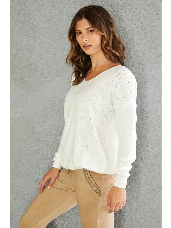 Venti6 White Pointelle Hearts V-Neck Sweater - Italian Made Long Sleeve Venti6