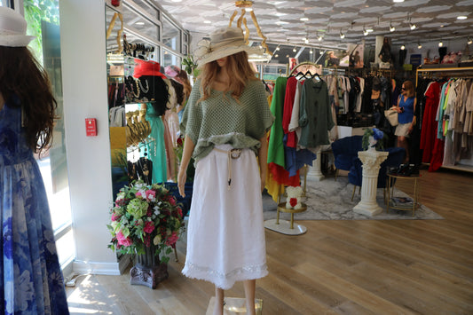 White Linen Midi Skirt with Lace Trim - European Style Elegance Karma