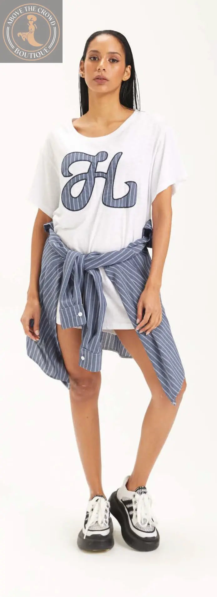 White Pinstripe Shirt Dress with Wrap Skirt | European Style Above The Crowd Boutique H-4