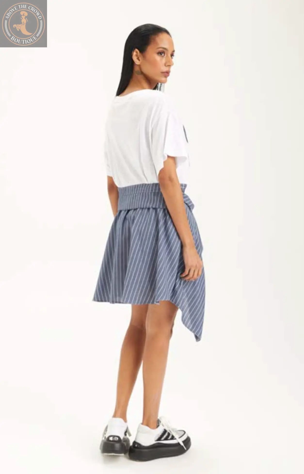White Pinstripe Shirt Dress with Wrap Skirt | European Style Above The Crowd Boutique H-4
