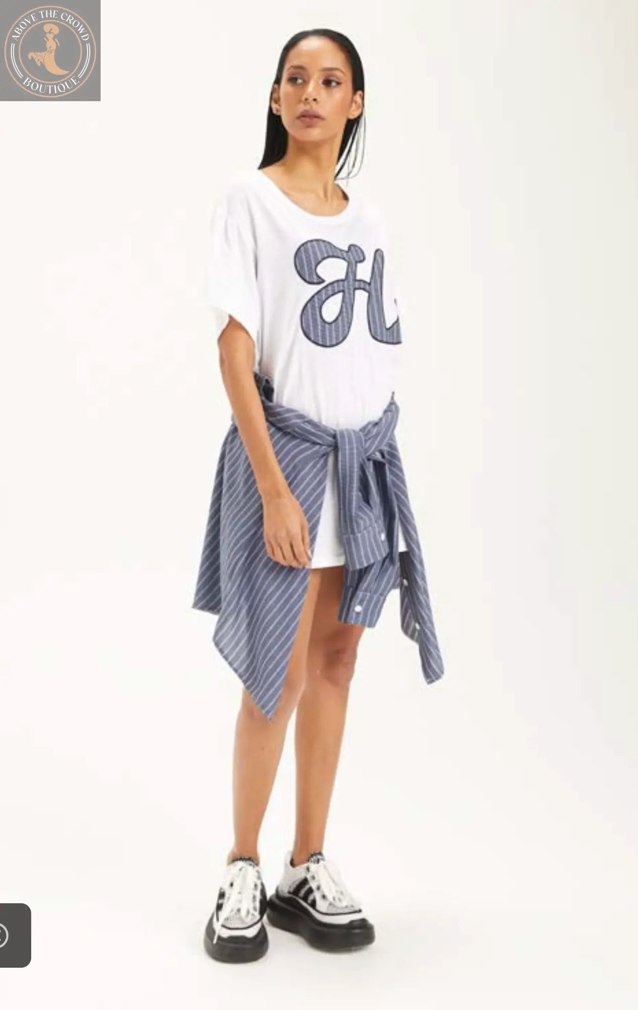 White Pinstripe Shirt Dress with Wrap Skirt | European Style Above The Crowd Boutique H-4