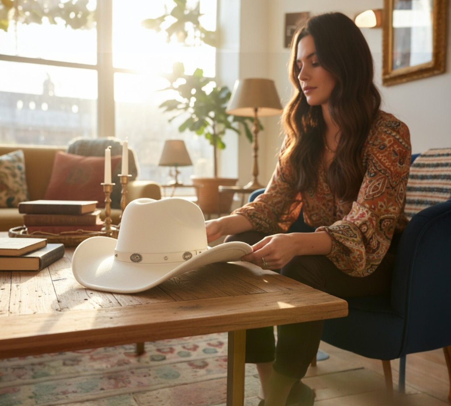 White Western Statement Hat with Decorative Concho Band
