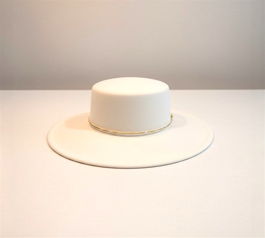 White Flat Brim Hat with Gold Accent Band