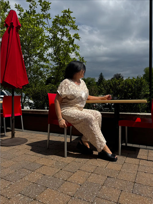 Women's Embroidered Lace Linen Pants with Sequin Detail Karma