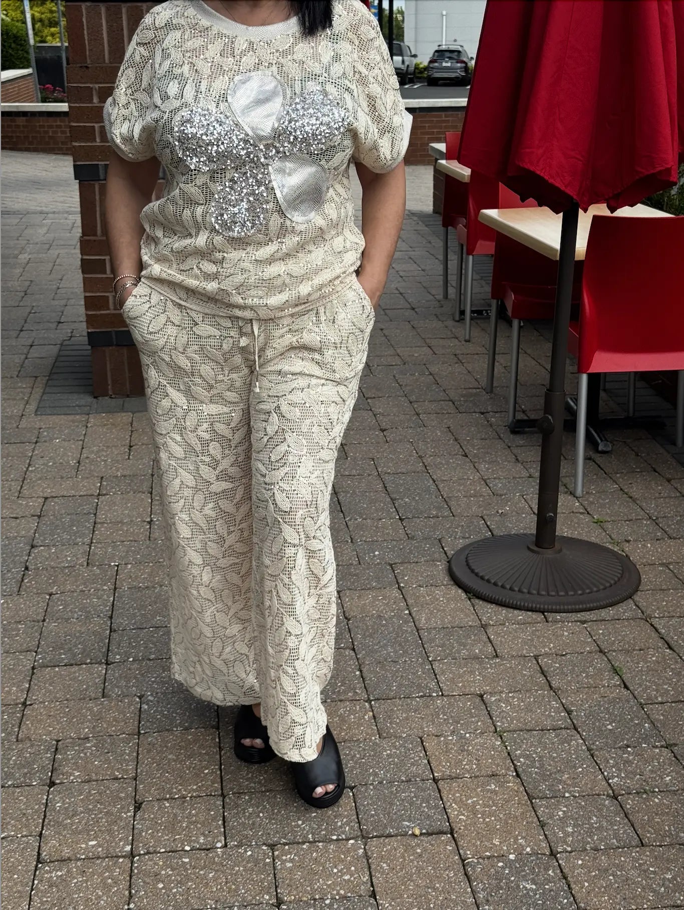 Women's Embroidered Lace Linen Pants with Sequin Detail Karma
