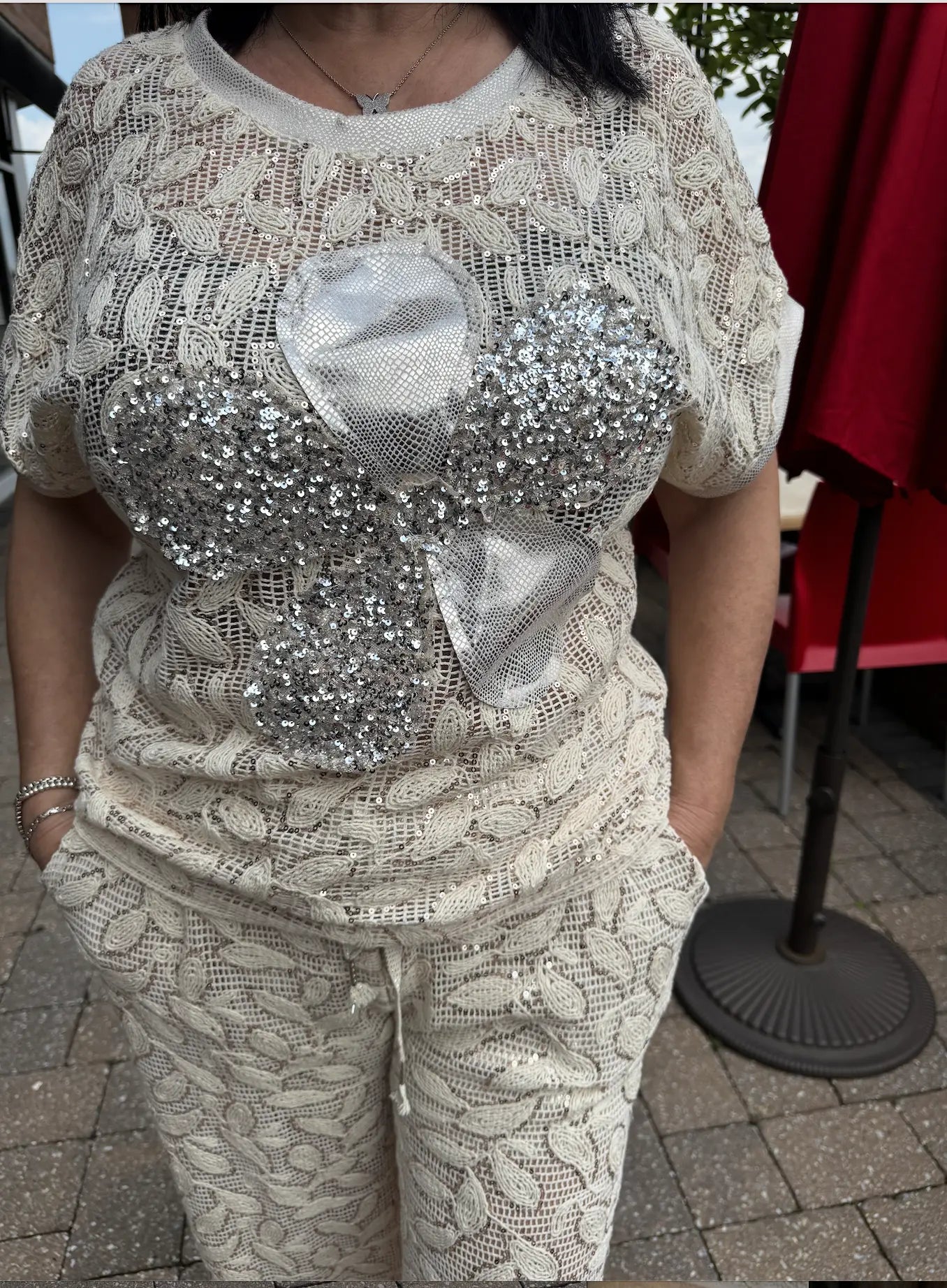 Women's Embroidered Lace Linen Pants with Sequin Detail Karma