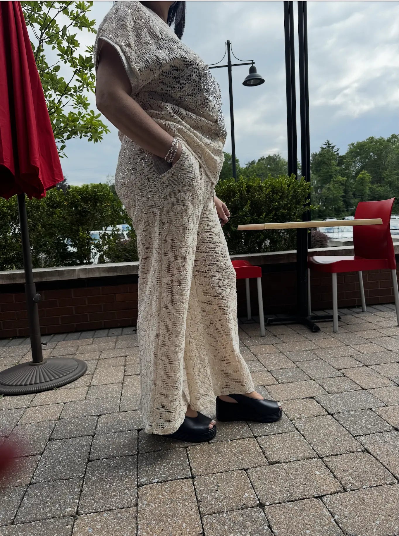 Women's Embroidered Lace Linen Pants with Sequin Detail Karma