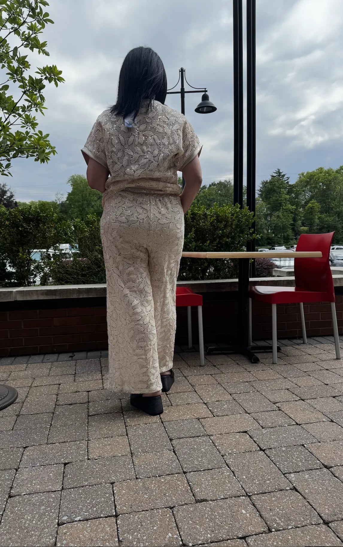 Women's Embroidered Lace Linen Pants with Sequin Detail Karma