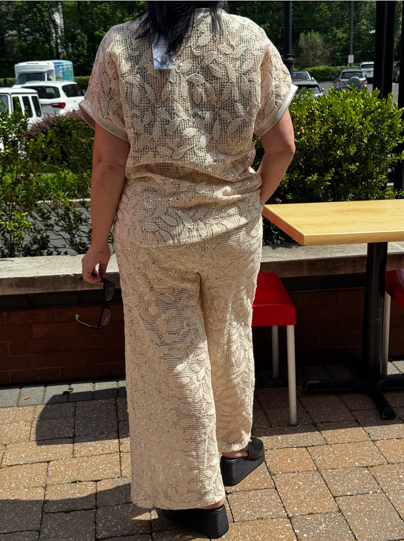 Women's Embroidered Lace Linen Pants with Sequin Detail Karma