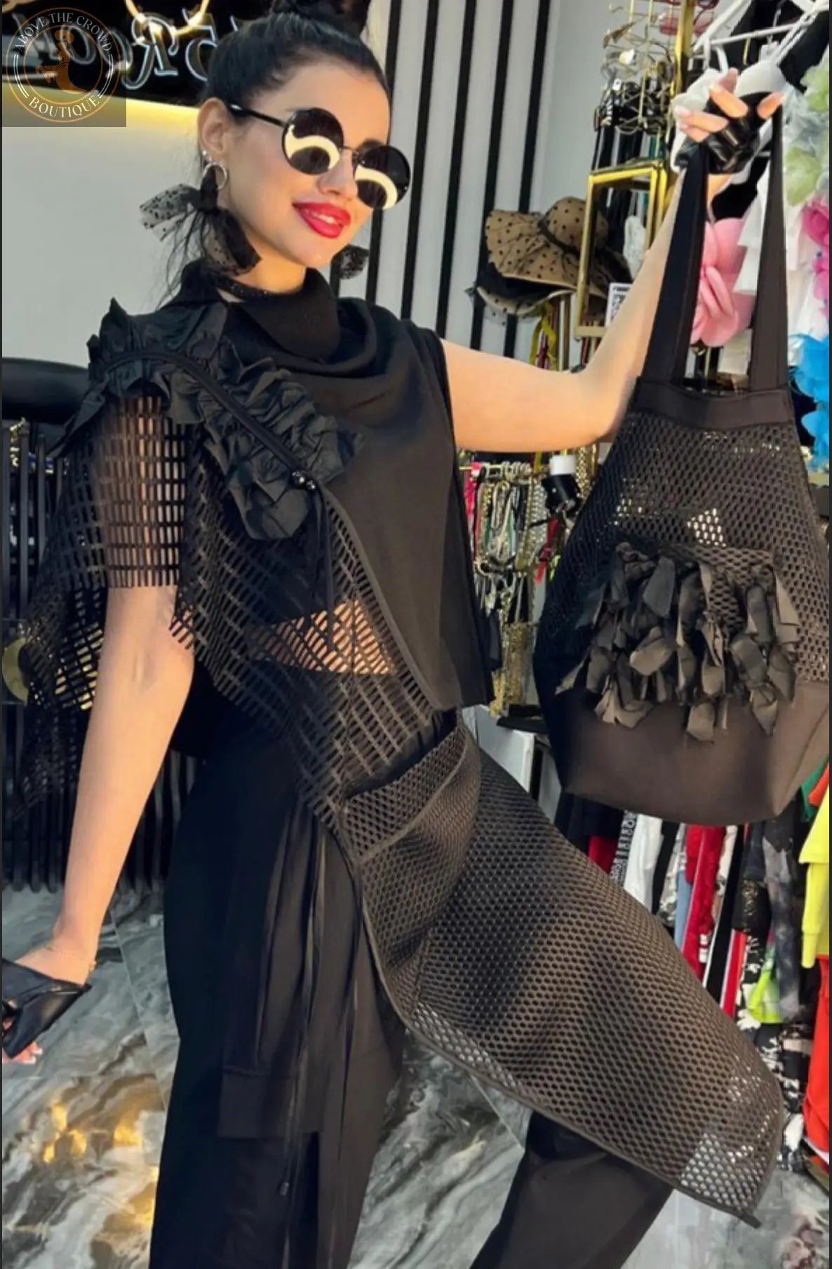 Women's European Chic Black & White Ruffled Mesh Layered Top by Bize Bize