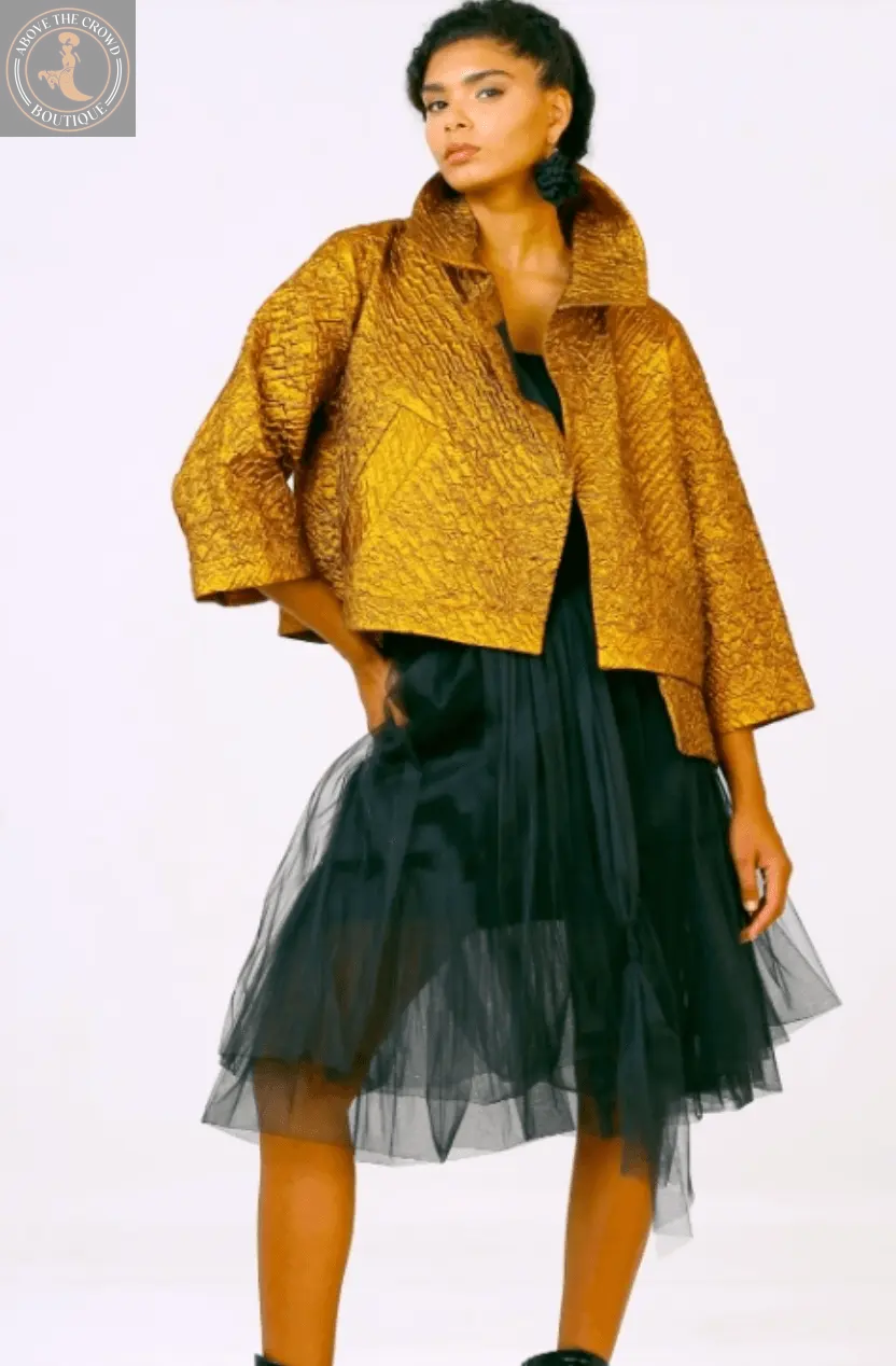 Women's Gold Quilted Cropped Jacket - Unique European Style by Above The Crowd Boutique Bize
