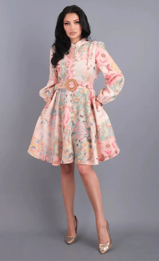 Women’s Multicolor Pastel Button-Front Dress with Belt PE9027 Beethoven