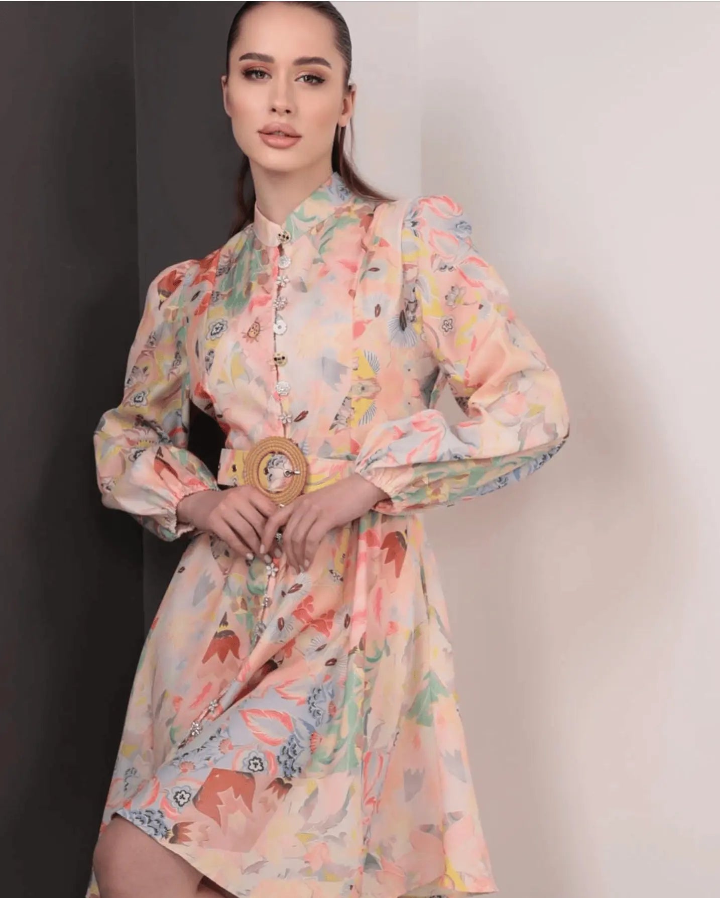 Women’s Multicolor Pastel Button-Front Dress with Belt PE9027 Beethoven