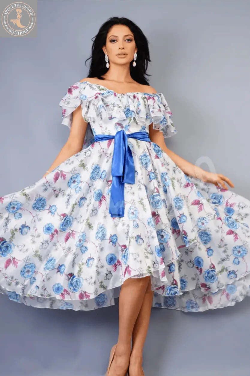 Women's Open Shoulders Chiffon Dress with Silk Belt Azalea