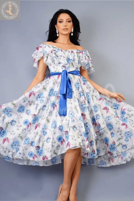 Women's Open Shoulders Chiffon Dress with Silk Belt Azalea