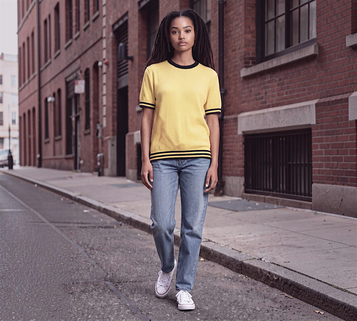 Plus Size Yellow Ribbed Knit T-Shirt with Contrast Stripe Trim - Above the Crowd Boutique